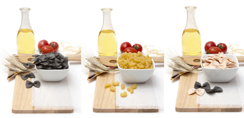 Products on the table, food for cooking Italian noodles and pasta - a variety of cereals, eggs, olive oil, fresh tomatoes on a wooden Board on a white background. Vegetarian and meatless