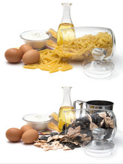 Set of different noodles, cereals and pasta for cooking, butter, eggs and flour-the main ingredients of noodles, the store of food in the kitchen. Still life of food on a white background