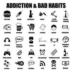 addiction and bad habits icons set