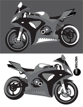 Motorcycle, sports body kit, monochrome vector isolated on black and white background. Motorbike. Sportbike. Transport for bikers. Motoclub