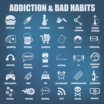 addiction and bad habits icons set