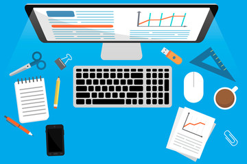 Desktop with a computer keyboard, telephone, office items.