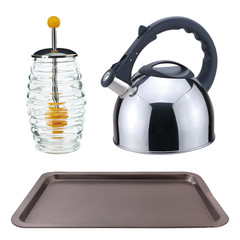 Kitchen set. whistling kettle, metal, glass jar, honey, isolated on white background.
tea,...