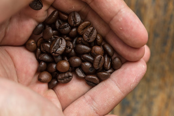 Coffee beans on wood background