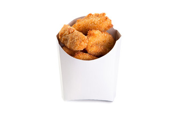 Fried chicken nuggets in a white box isolated on white