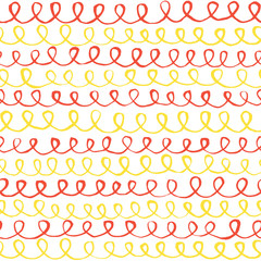 Abstract hand drawn curved paint lines seamless vector pattern red and yellow