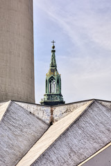 detail of the TV tower Berlin with steeple of St. Marien church,
