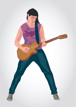 Illustration of a guitar player, simple art for web and print design appealing for music theme.