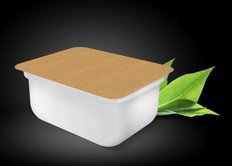 White plastic blank bank for food, oil, mayonnaise, margarine, cheese, ice cream, olives, pickles, sour cream with eco paper cover. Food and drink plastic blank. Template Ready For Your Design.