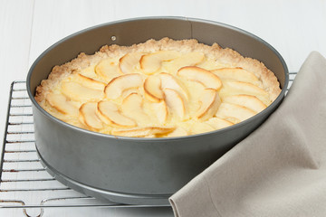 Traditional Homemade Apple Pie With Creamy Custard. Linen Napkin