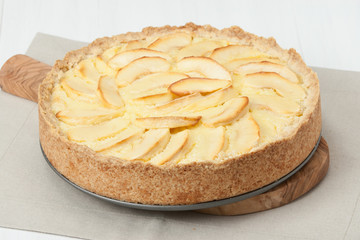 Traditional Homemade Apple Pie With Creamy Custard. Linen Napkin