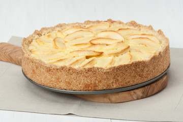 Traditional Homemade Apple Pie With Creamy Custard. Linen Napkin