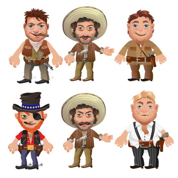 Five men characters in a cartoon wild West style