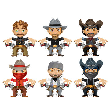 Six men characters in cartoon wild West style