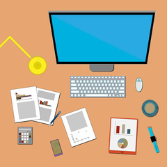 Infographic flat lay - office desktop