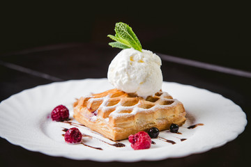dessert cake with ice cream and raspberries