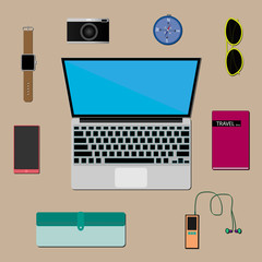 infographic flat lay : items for holiday essential.
