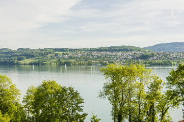 Fototapeta premium Meisterschwanden, Dorf, Hallwilersee, See, Seeufer, Beinwil, Birrwil, Uferweg, Spazierweg, Wanderweg, Wassersport, Sommer, Schweiz
