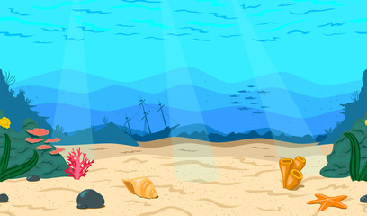 Fototapeta na wymiar Cartoon sea, ocean. The seabed for the game. Horizontal seamless coral reef. Nautical background. Underwater world.