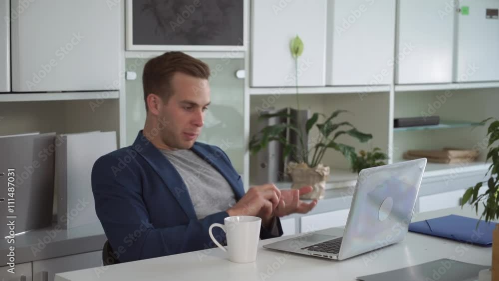 Aufkleber man has meeting and use modern technology for conference video call. he speaking with his employee o