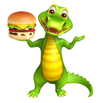 cute Aligator cartoon character with burger