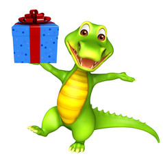 cute Aligator cartoon character with gift box