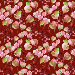 Watercolor autumn leaves, branches and berry seamless pattern.