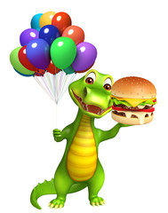 cute Aligator cartoon character with  balloon and burger
