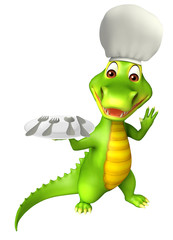 cute Aligator cartoon character with dinner plate and spoons