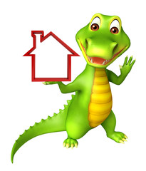 cute Aligator cartoon character with home sign