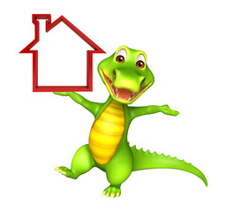 cute Aligator cartoon character with home sign
