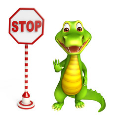 cute Aligator cartoon character with stop board