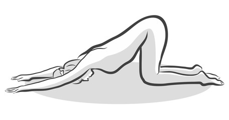 Hand Drawn Extended Puppy Pose Uttana Shishosana Pose, Yoga Woman. Vector Outline Illustration.