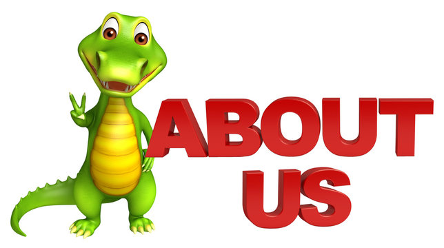 cute Aligator cartoon character  with about us sign