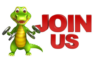 cute Aligator cartoon character with gim equipment and join us s