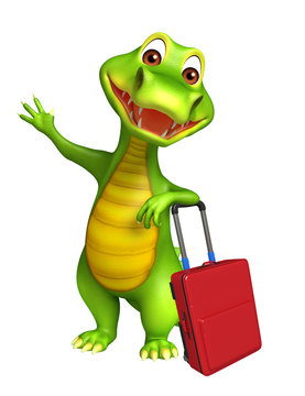 cute Aligator cartoon character with travel bag