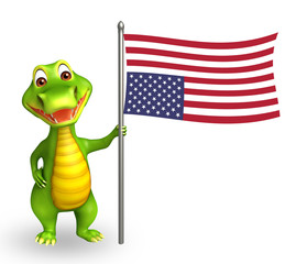 cute Aligator cartoon character with flag