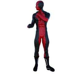 one young man in the red and black superhero costume. Shoulder workout