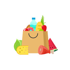 Grocery bag vector illustration isolated on white, paper bag of groceries flat cartoon, fresh food and drink products shopping bag, organic healthy products
