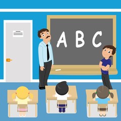 School english lesson. Little students and male teacher shows blackboard with ABC letters.