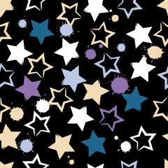 Cute vector geometric seamless pattern. Brush strokesand stars and blots. Hand drawn grunge texture. Abstract forms. Endless texture can be used for printing onto fabric or paper