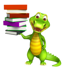 cute Aligator cartoon character with book stack