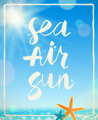 Fototapeta premium Summer holidays vector illustration - handwritten brush calligraphy and starfishes on the background of the sunny seascape