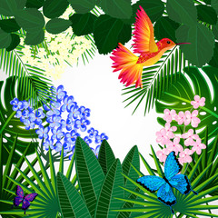 Floral design background. Tropical flowers, birds.