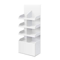 White POS POI Cardboard Blank Empty Displays With Shelves Products. On White Background Isolated. Mock Up Template Ready For Your Design. Product Packing Vector EPS10