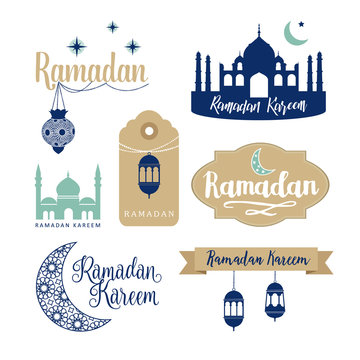 Ramadan emblems. Arabic tags, labels. Mosque silhouette. Web banners for holy muslim month Ramadan Kareem. Isolated vecto