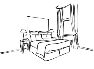 Hotel Room King Size Bed, Interieur Coloring Page