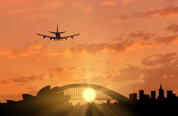 Crédence de cuisine en verre imprimé Australie Silhouette de Sydney et l& 39 avion venant d& 39 atterrir