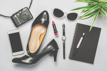 Overhead view with essential items of business women, Flat lay p