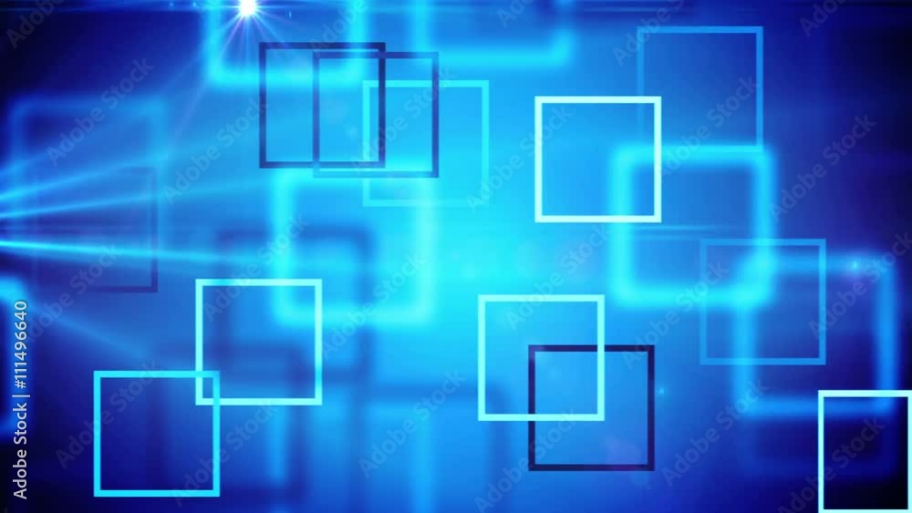 Poster seamless looping background animation with blue bouncing square frames and lens flares